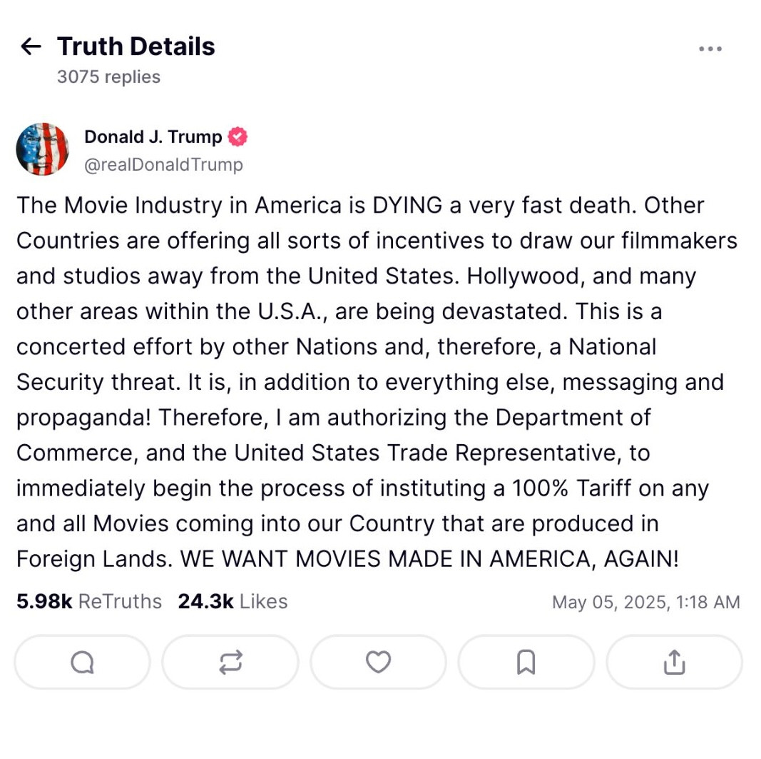 Trump kontra Hollywood: 100% cła na zagraniczne filmy. Netflix i Disney na minusie 2 Trump i 100% cła na zagraniczne filmy