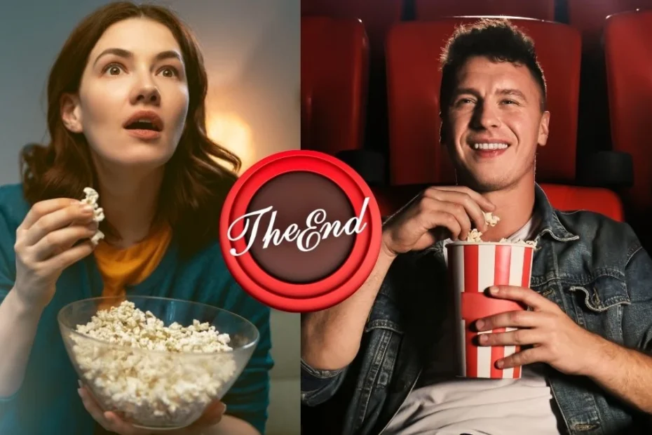 Co oznacza że muszę poznać zakończenie filmu przed oglądaniem kobieta i mężczyzna oglądają film z popcornem