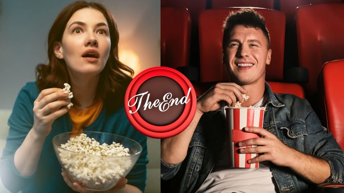 Co oznacza że muszę poznać zakończenie filmu przed oglądaniem kobieta i mężczyzna oglądają film z popcornem