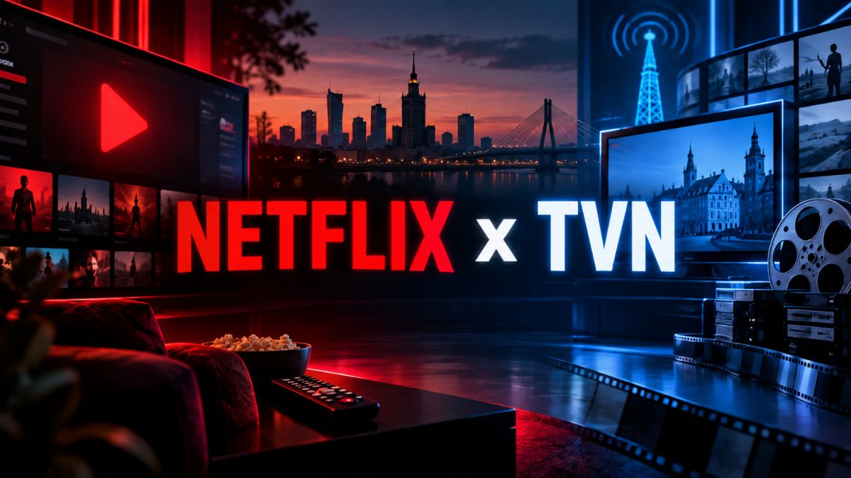 Grafika ilustrująca współpracę Netflixa i TVN oraz udostępnienie polskich seriali i filmów na platformie.