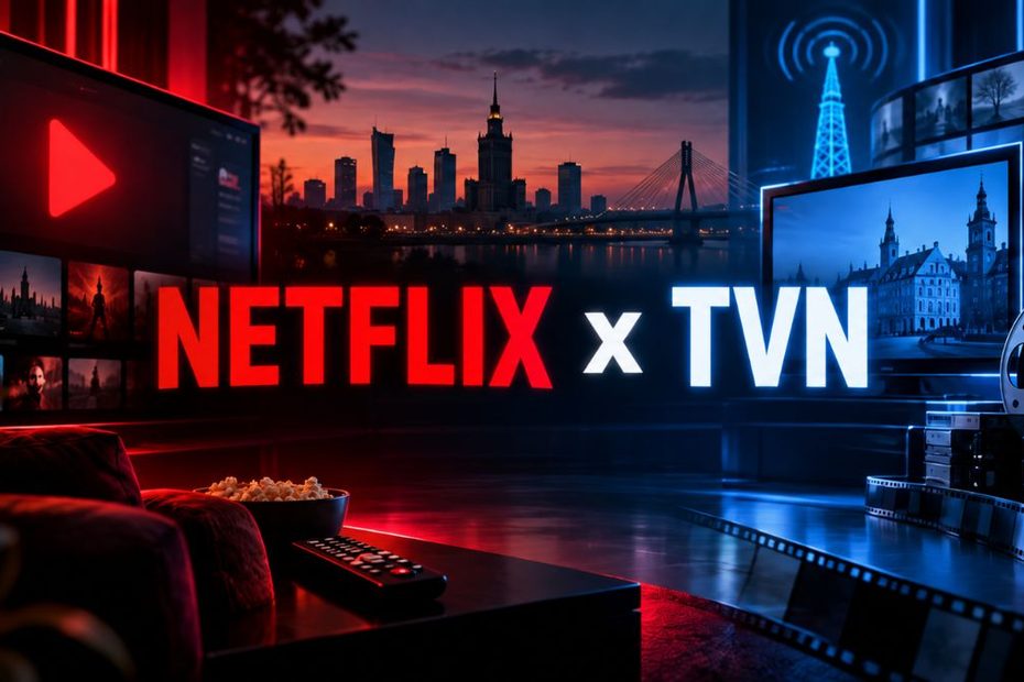 Grafika ilustrująca współpracę Netflixa i TVN oraz udostępnienie polskich seriali i filmów na platformie.
